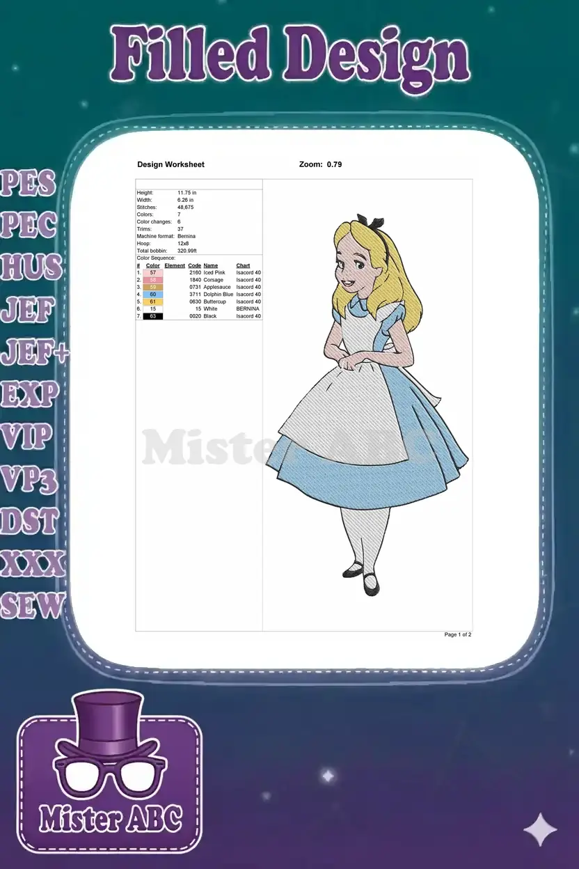 Embroidery design worksheet for Alice, showing dimensions, stitch count, color codes, and thread information clearly.
