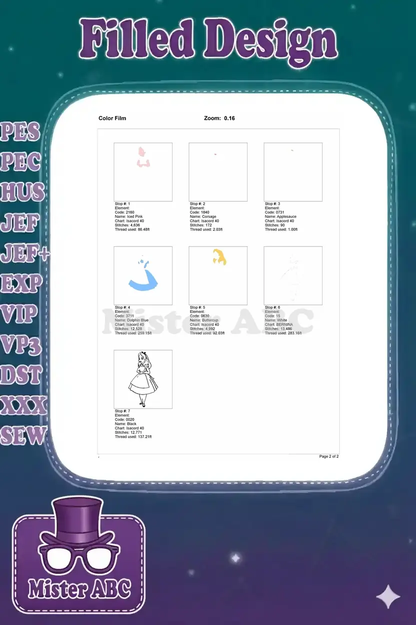 Color film sequence showing the stitch order and individual color elements for the Alice embroidery design.