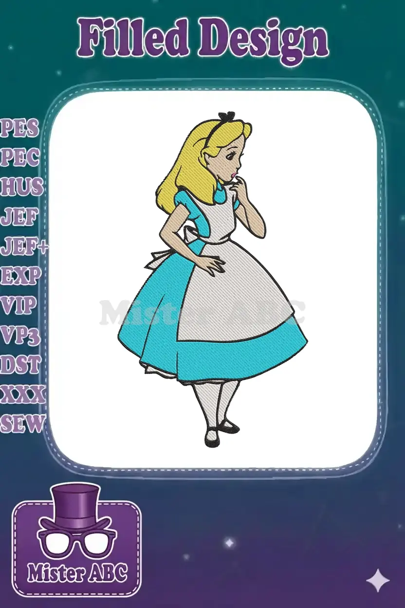 Full-body embroidery of Alice from Wonderland in her iconic blue dress and white apron, looking thoughtful.