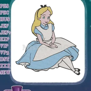 Full-color embroidery design of Alice from Alice in Wonderland, sitting gracefully, featuring detailed stitching and vibrant hues.