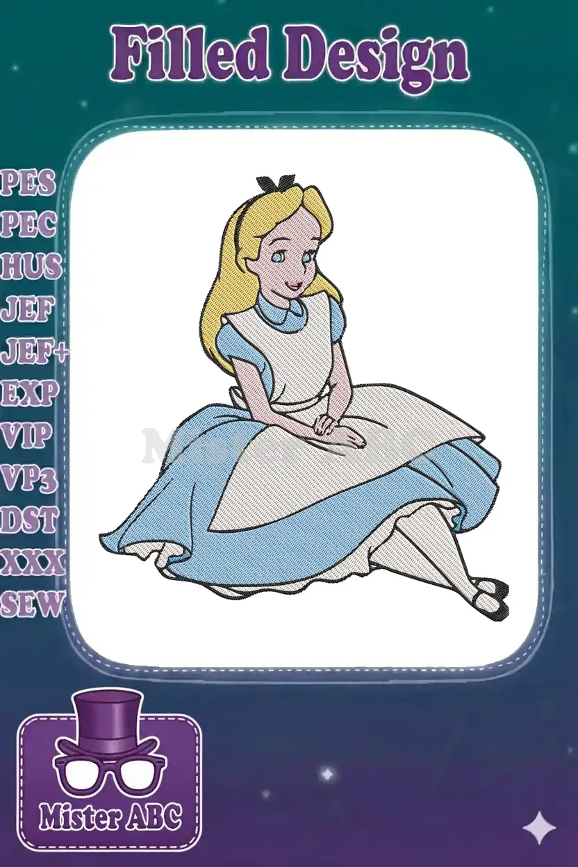 Full-color embroidery design of Alice from Alice in Wonderland, sitting gracefully, featuring detailed stitching and vibrant hues.