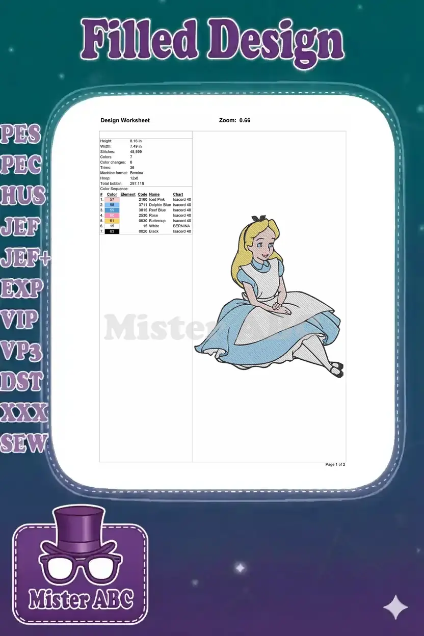 Embroidery design worksheet for Alice, showing dimensions, stitch count, color sequence with thread codes, and a small design preview.