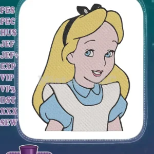 Detailed machine embroidery design of Alice from Wonderland, featuring her blonde hair, blue dress, and sweet expression.