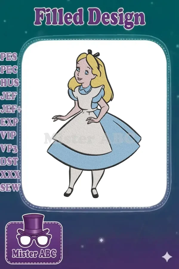 Full-body embroidery design of Alice from Wonderland, featuring her iconic blue dress and blonde hair.
