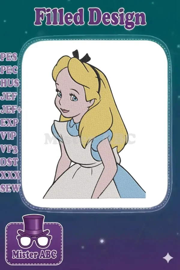 A beautifully digitized embroidery design of Alice from Alice in Wonderland, featuring her iconic blue dress and blonde hair.