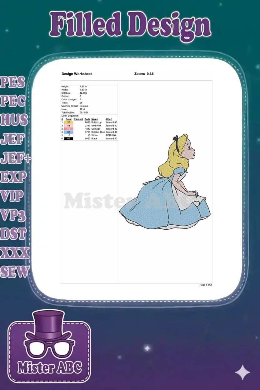 Embroidery design worksheet for Alice, showing dimensions, stitch count, color sequence, and thread chart.