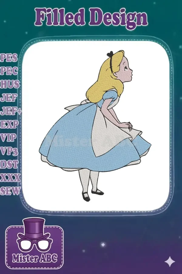 A vibrant, detailed embroidery design of Alice from Wonderland, featuring her iconic blue dress and blonde hair, looking curious.