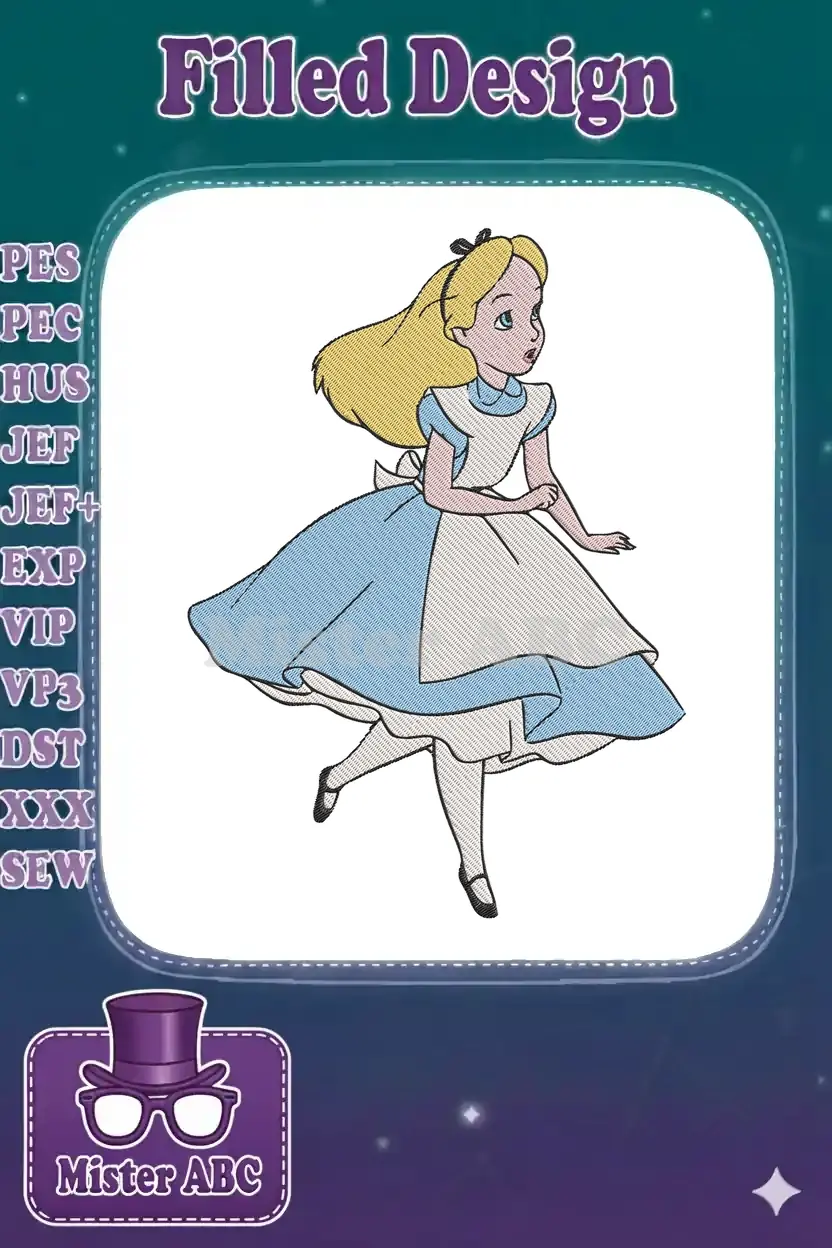 A vibrant digital embroidery design of Alice from Alice in Wonderland, featuring her iconic blue dress and apron.