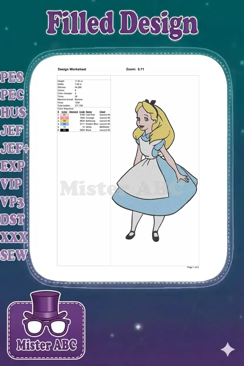 Embroidery design worksheet for Alice, detailing dimensions, stitch count, color sequence, and machine format.
