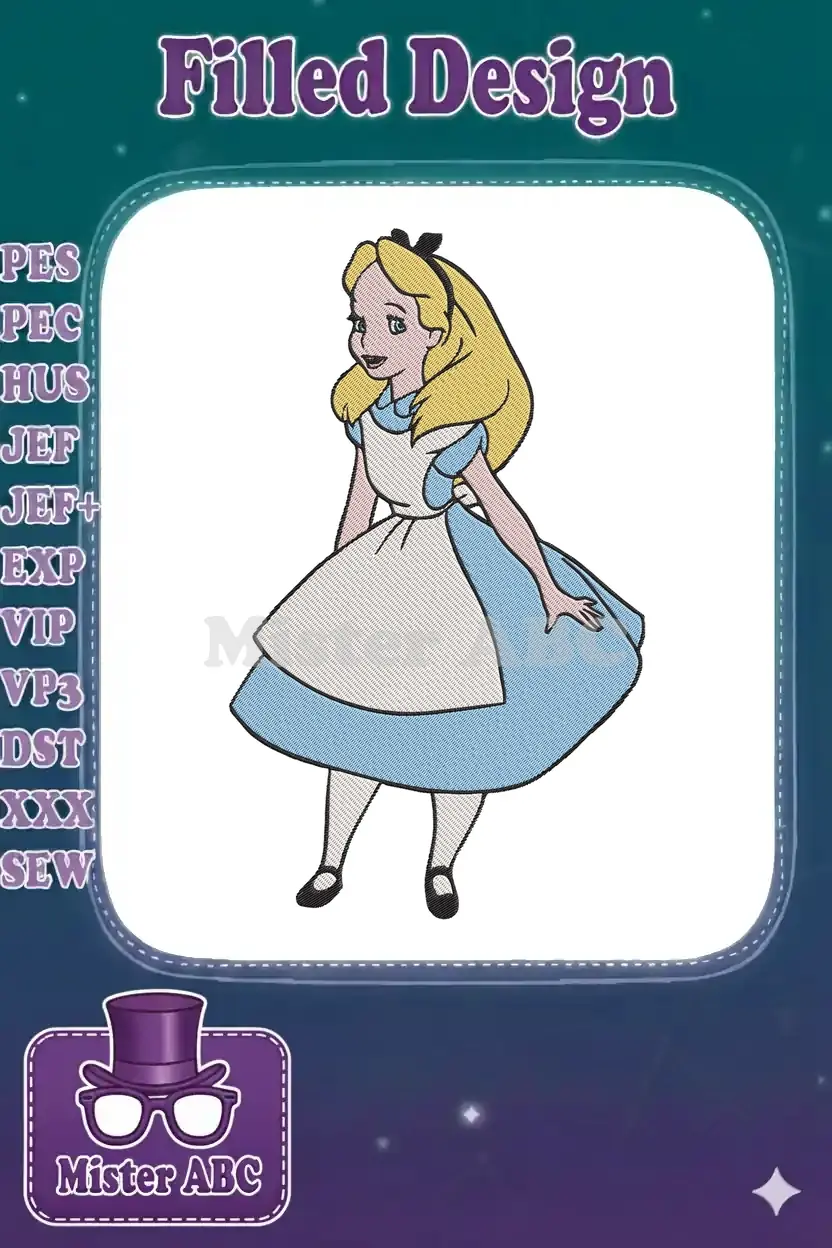 Full-body embroidery design of Alice from Alice in Wonderland, featuring her iconic blue dress and white apron.