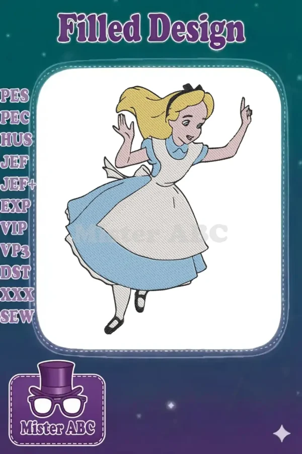 Full-color embroidery design of Alice from Wonderland, in her iconic blue dress and white apron, with a playful pose.
