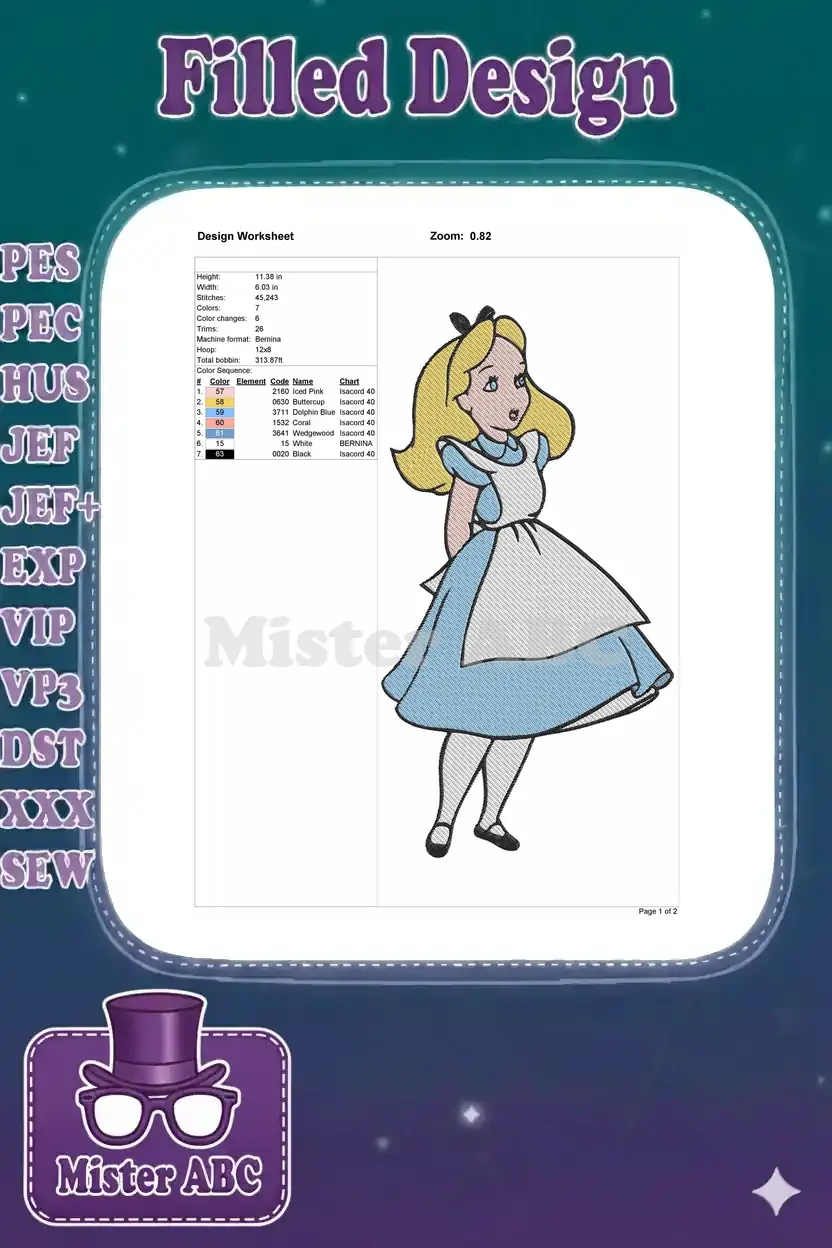 Embroidery design worksheet for Alice, showing dimensions, stitch count, color sequence, and thread details.