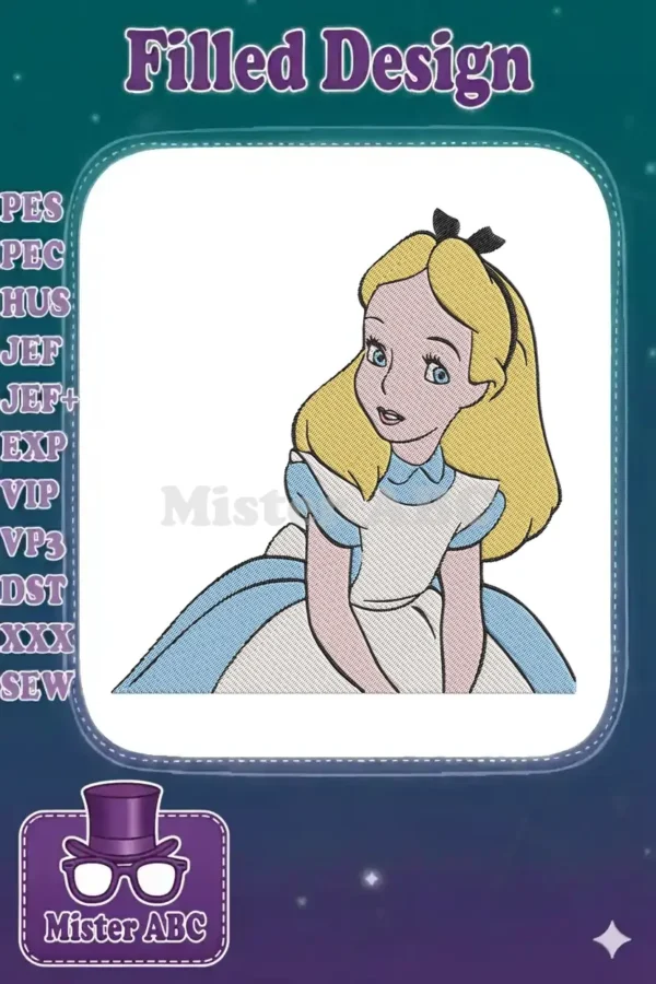 A detailed machine embroidery design featuring Alice from Alice in Wonderland, showcasing her iconic blue dress.