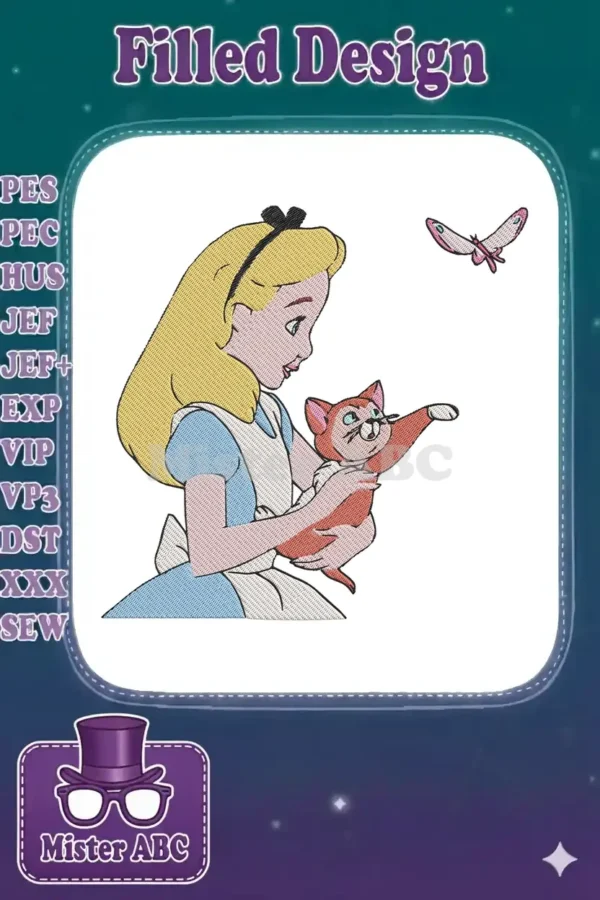 Alice in Wonderland embroidery design showing Alice holding Dinah the cat, watching a butterfly fly overhead.