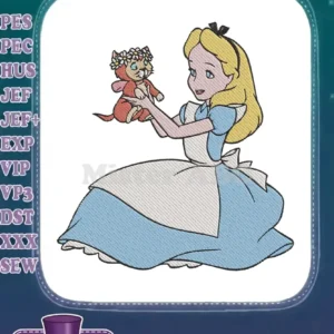 Vibrant embroidery of Alice from Wonderland, in her classic blue dress, tenderly holding a small kitten.