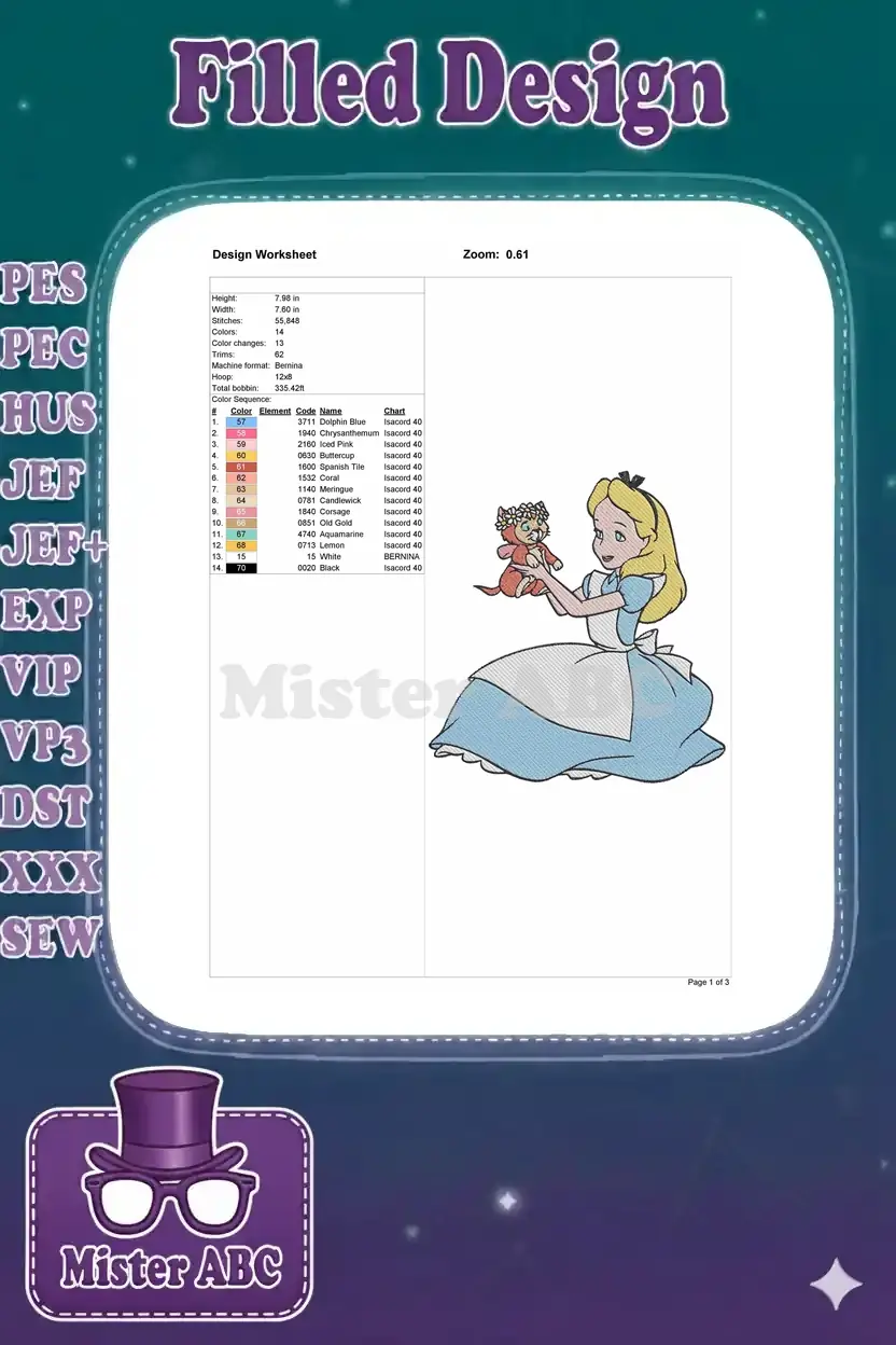 Embroidery design worksheet detailing dimensions, stitch count, thread colors, and machine compatibility.