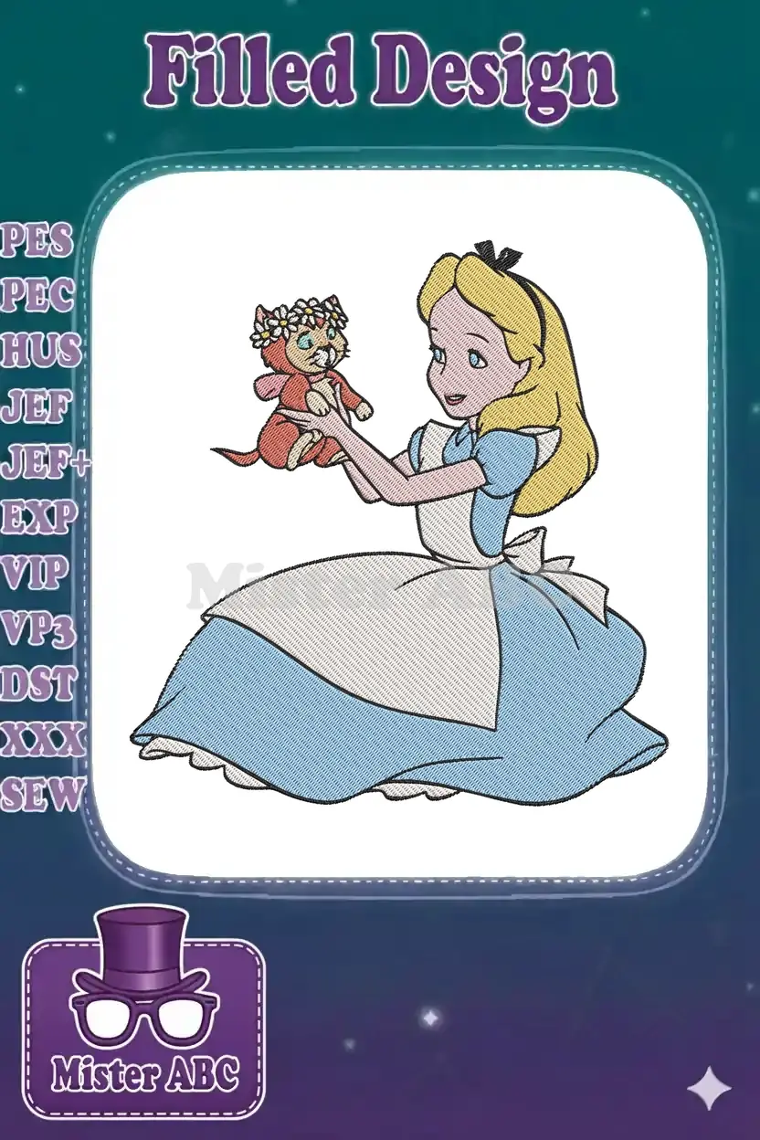 Vibrant embroidery of Alice from Wonderland, in her classic blue dress, tenderly holding a small kitten.