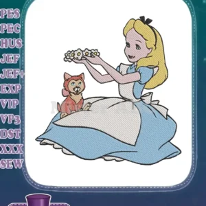 Alice in Wonderland embroidery design featuring Alice holding flowers for a small, orange cat with blue eyes.