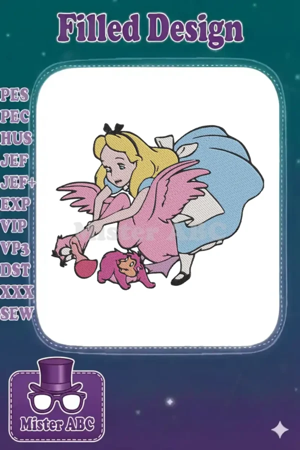 Alice from Wonderland with a flamingo croquet mallet and a hedgehog, a delightful and detailed embroidery design.