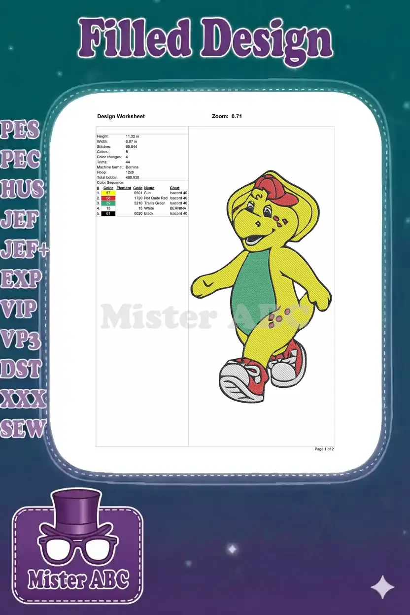 A detailed embroidery design worksheet for BJ the dinosaur, outlining dimensions, stitch count, and color sequence.