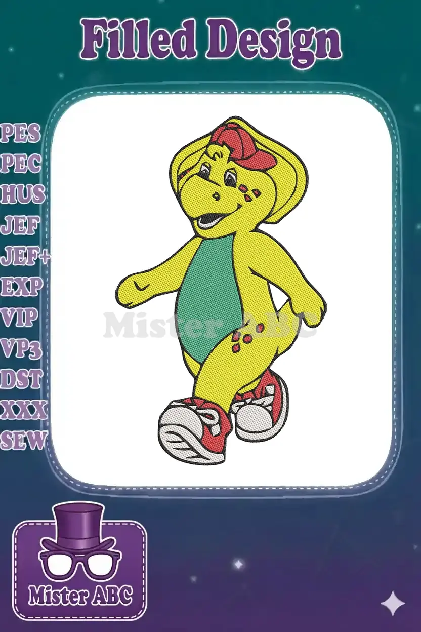 A cheerful BJ the dinosaur embroidery design, featuring the beloved character in a red cap and sneakers, ready to be stitched.