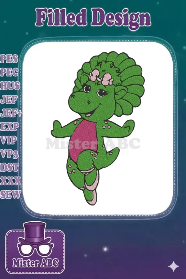 Adorable Baby Bop ballerina embroidery, perfect for children's items. Features vibrant green, pink, and black colors.