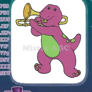 Barney the Dinosaur embroidery design, vibrant purple and green, playing a golden trombone, ready for any fabric.