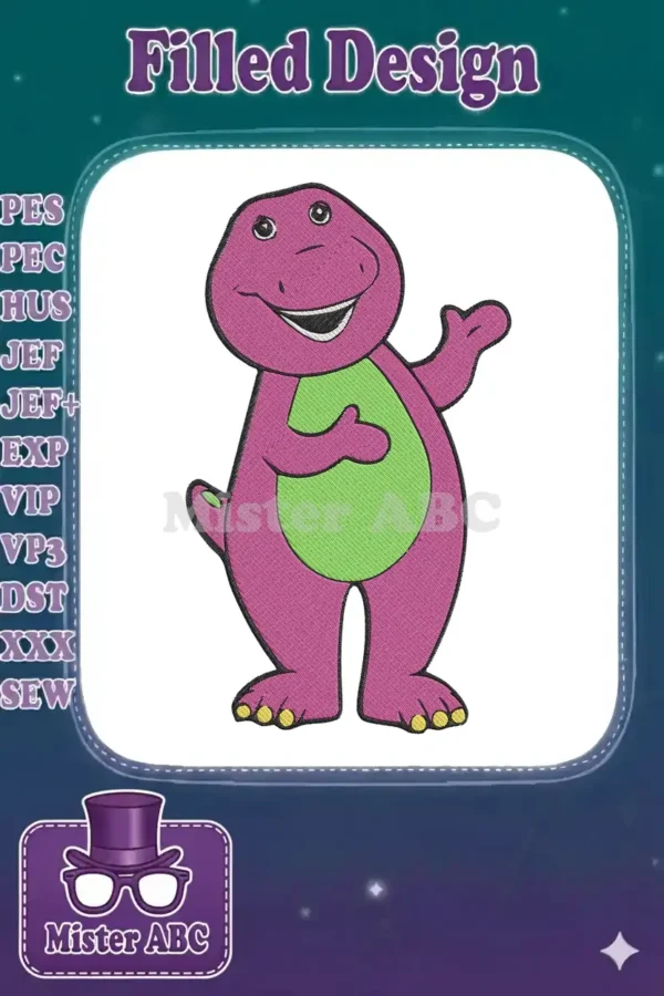 A vibrant embroidery design of Barney the Dinosaur, standing, smiling, and waving, ready to bring cheer.