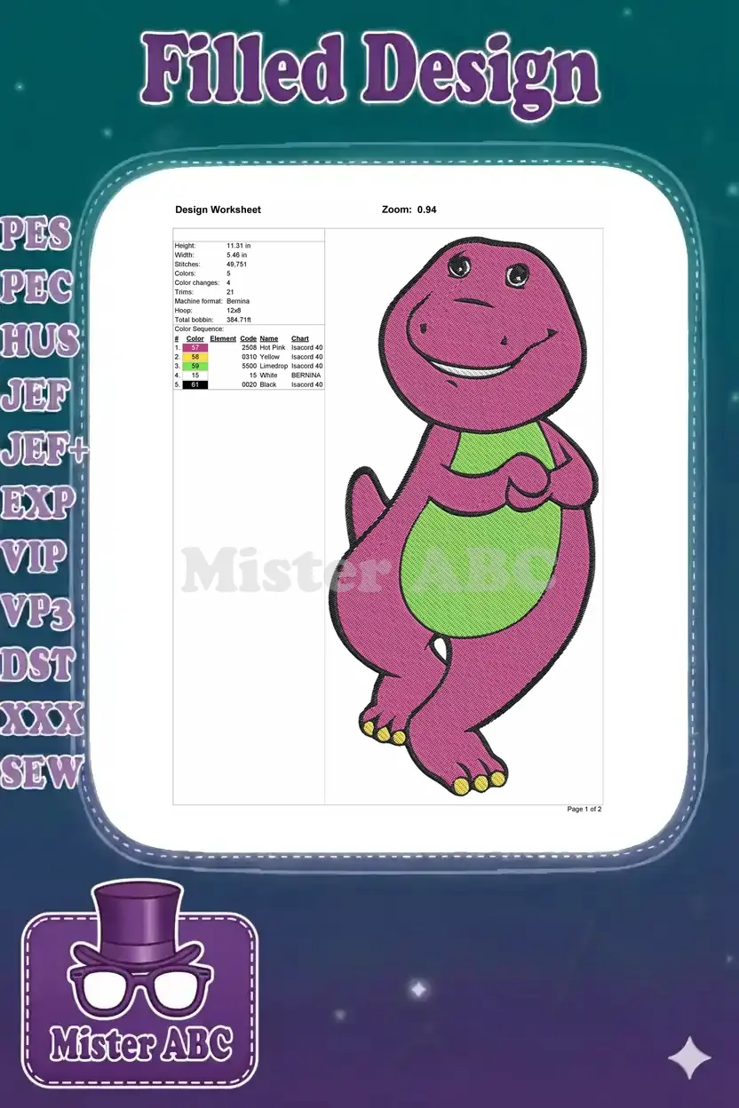 Embroidery design worksheet for Barney the Dinosaur, showing dimensions, stitch count, colors, and thread details.