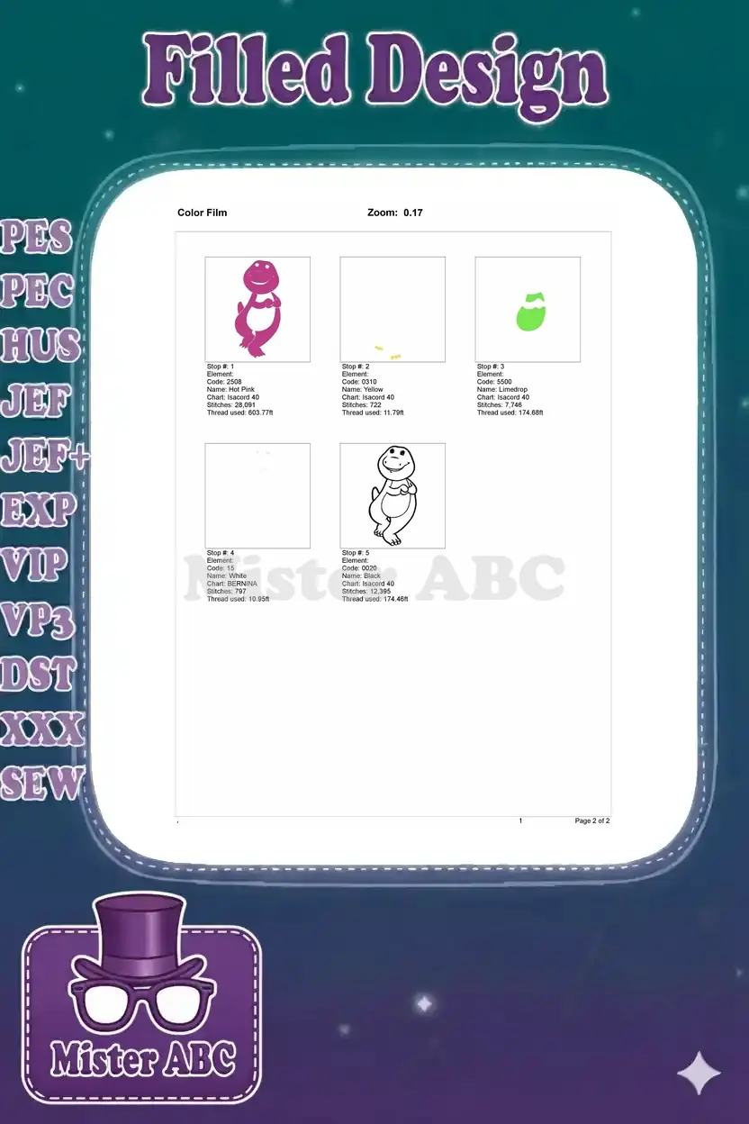 Color film breakdown for Barney embroidery design, illustrating stitch sequence for each color element.