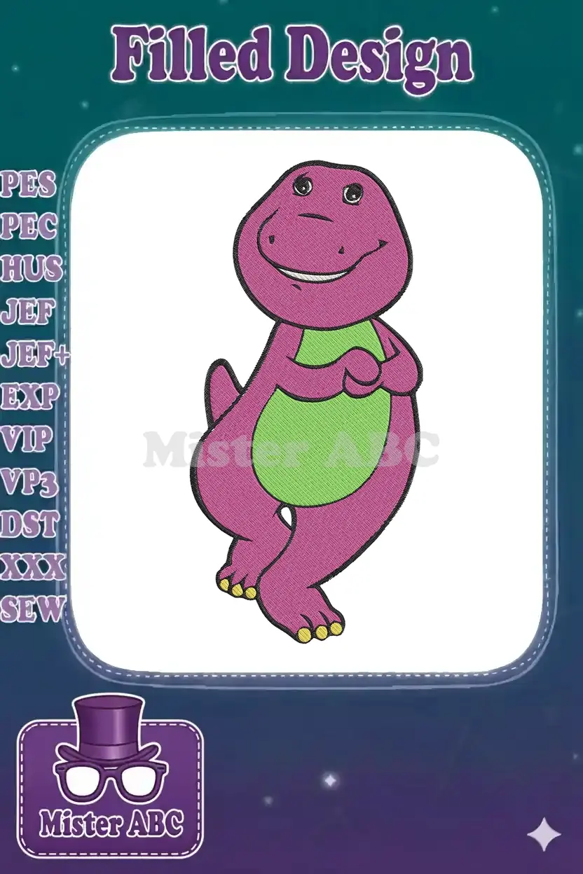Barney the Dinosaur embroidery design, featuring the cheerful purple dinosaur with a green belly and yellow feet.