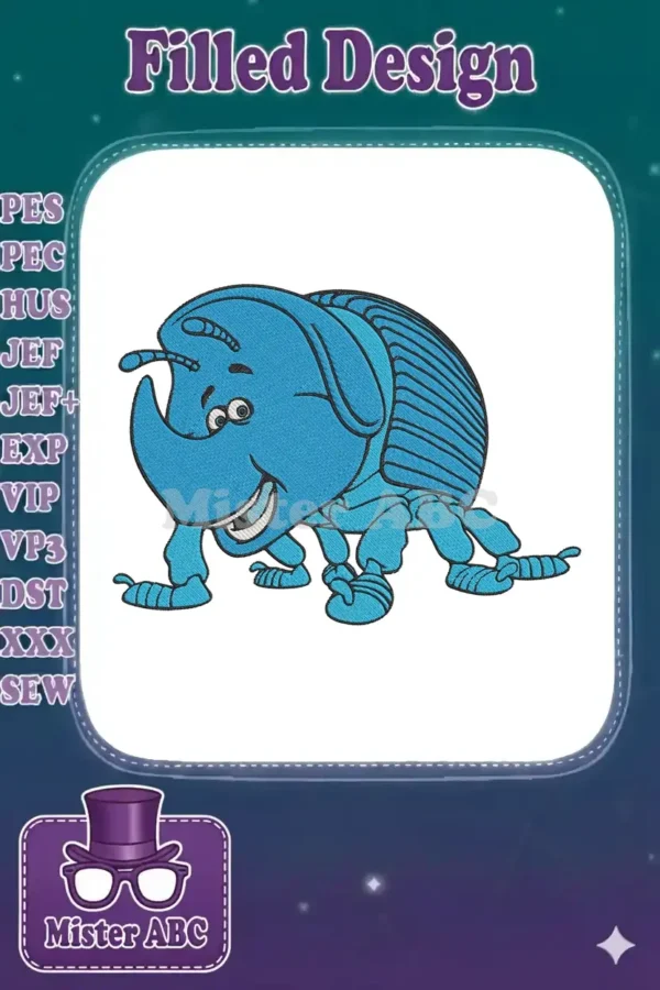 Vibrant blue cartoon rhinoceros beetle with a cheerful smile, showcased as a detailed machine embroidery design.