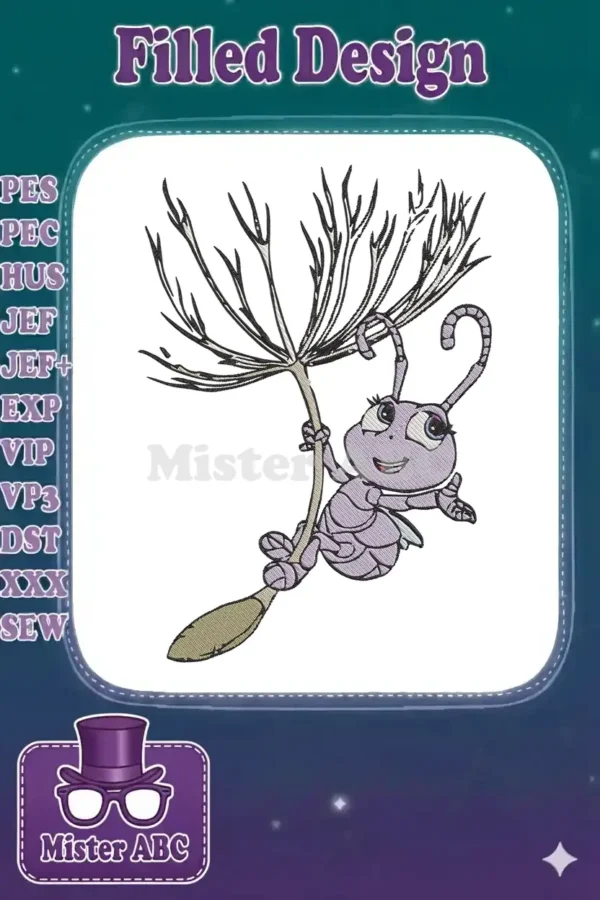 Vibrant embroidery design featuring Dot from A Bug's Life, joyfully swinging from a delicate plant stalk. Perfect for apparel.