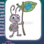 Cute purple ant character holding a green leaf flag embroidery designs - Instant Download