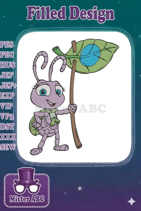 Vibrant embroidery of a cheerful purple ant, holding a green leaf banner with a blue circle, on a white background.