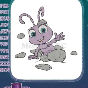 Embroidery design of a cheerful purple ant, Dot from A Bug's Life, with big blue eyes, waving from rocks.