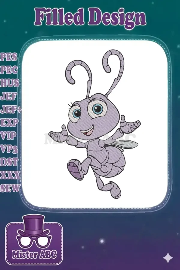 Embroidered Princess Atta design, a charming purple ant from A Bug's Life, rendered with fine details and vibrant colors.