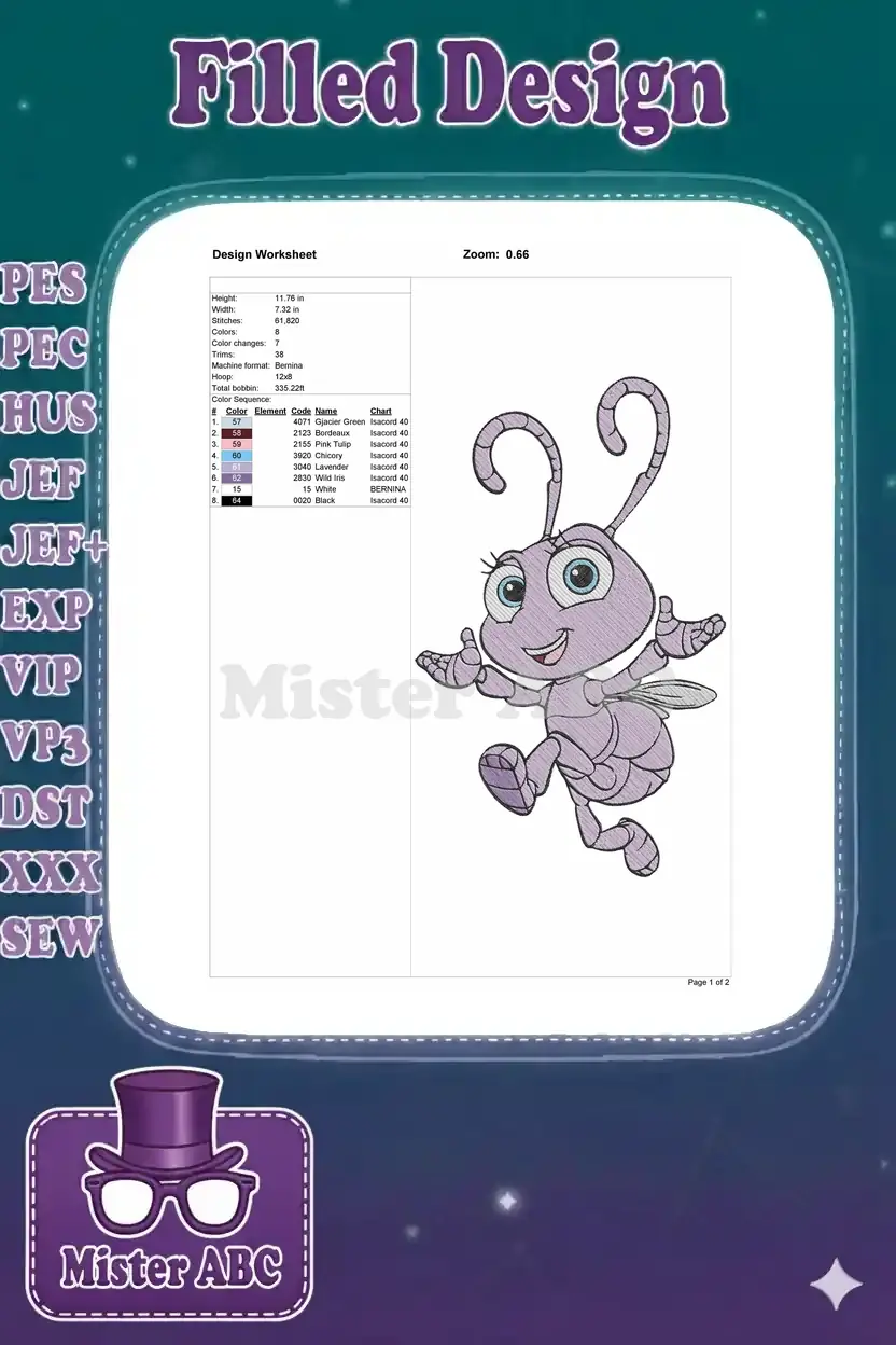 Detailed embroidery design worksheet for Princess Atta, displaying dimensions, stitch count, and color palette.