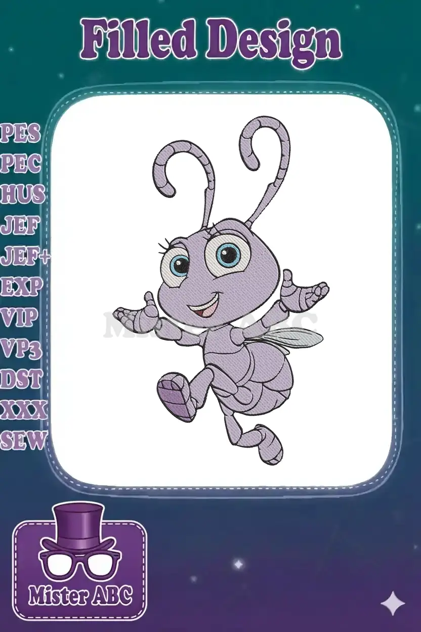 Embroidered Princess Atta design, a charming purple ant from A Bug's Life, rendered with fine details and vibrant colors.