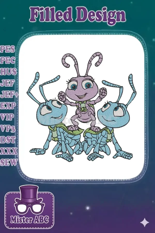Three cheerful insect characters, including Dot from A Bug's Life, in a vibrant embroidery design with capes.