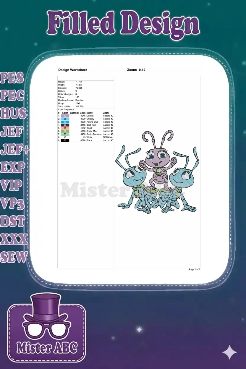 Embroidery design worksheet detailing dimensions, stitch count, color sequence, and machine compatibility.