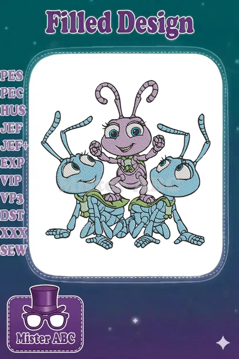 Three cheerful insect characters, including Dot from A Bug's Life, in a vibrant embroidery design with capes.