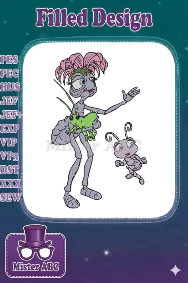 A detailed embroidery design featuring Gypsy from A Bug's Life holding a creature, with young Dot beside her.