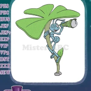 Flik the ant from A Bug's Life, holding a telescope, climbing a vibrant green four-leaf clover embroidery.