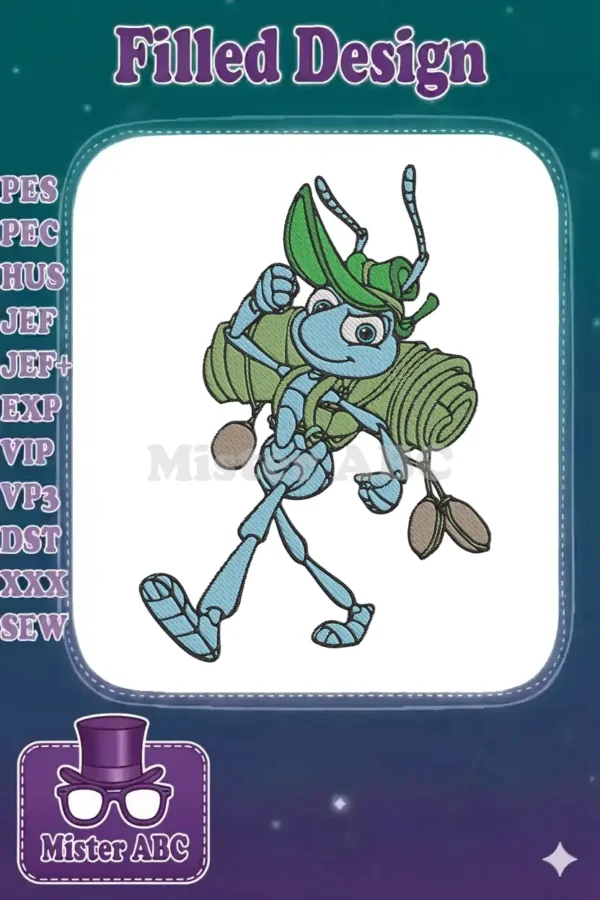 Vibrant embroidery design of Flik from A Bug's Life, depicted as an adventurous scout with backpack and hat.