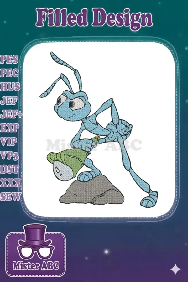 Flik from A Bug's Life embroidery design, a blue ant holding a green berry on a rock, vibrant and detailed.
