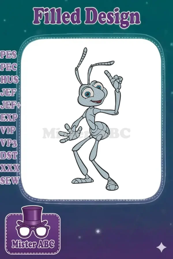 Flik, the blue ant from A Bug's Life, in a detailed embroidery design with expressive eyes and gesturing hands.