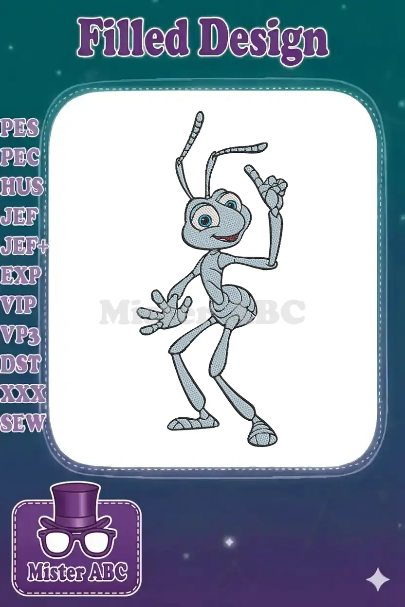 Flik, the blue ant from A Bug's Life, in a detailed embroidery design with expressive eyes and gesturing hands.