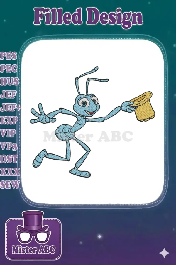 Flik, the blue ant from A Bug's Life, gleefully running and holding his distinctive yellow hat.