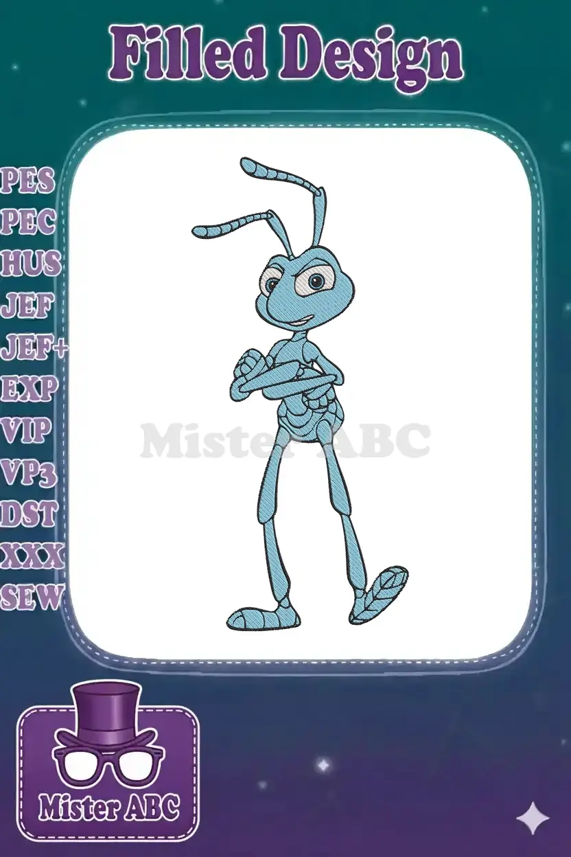 Embroidered design of Flik from A Bug's Life, a light blue ant with arms crossed, showcasing detailed stitching.